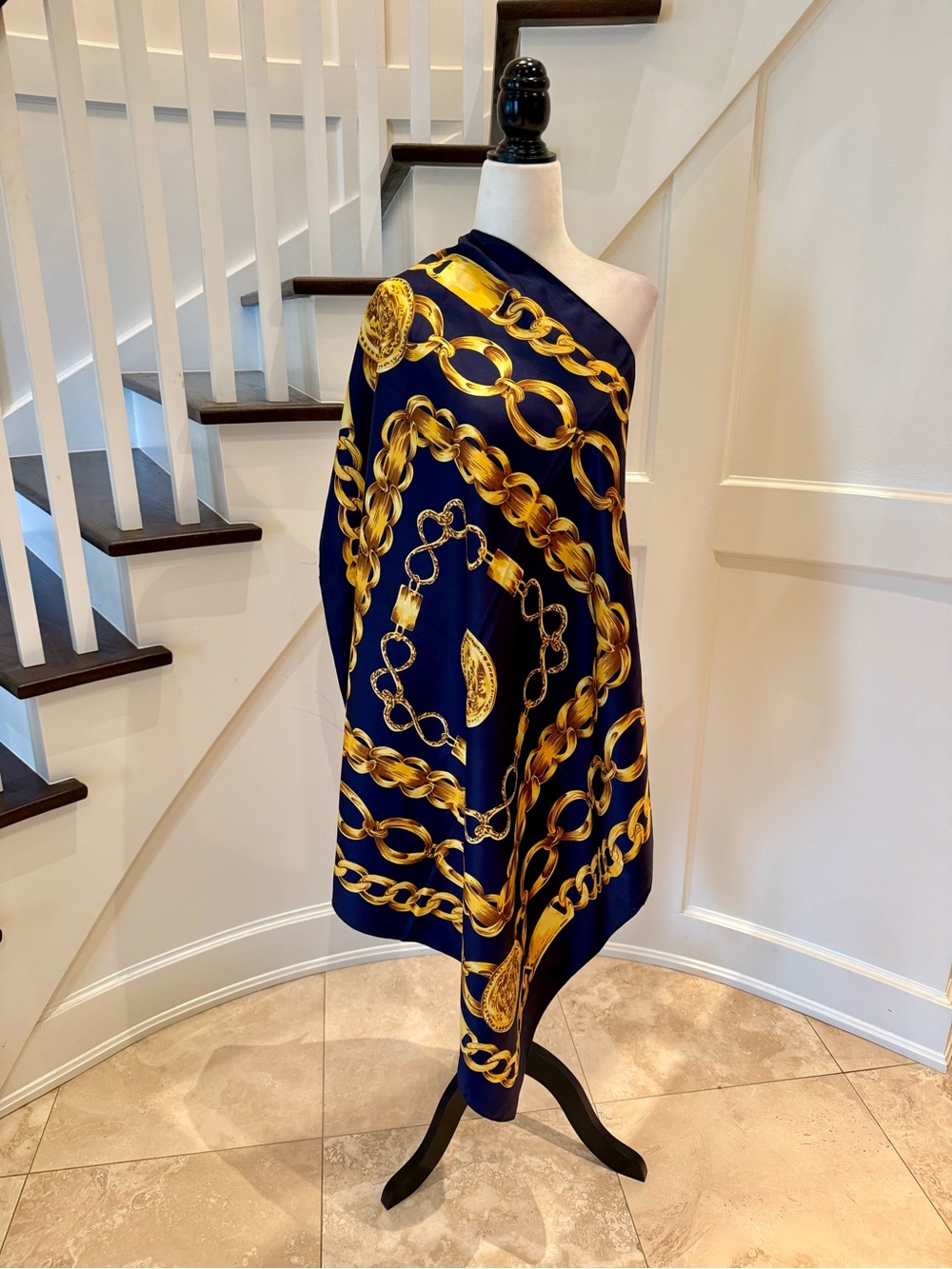 Navy Scarf with Gold Chain and Medallion Motif